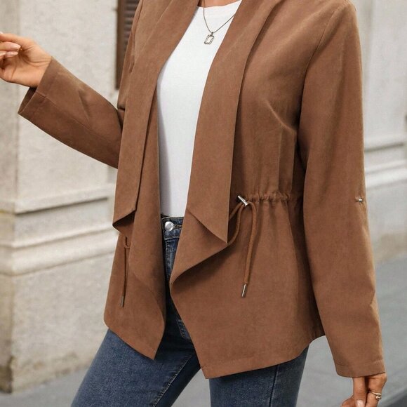 Brown Casual Women's Drawstring Waist Coat - Picture 8 of 8